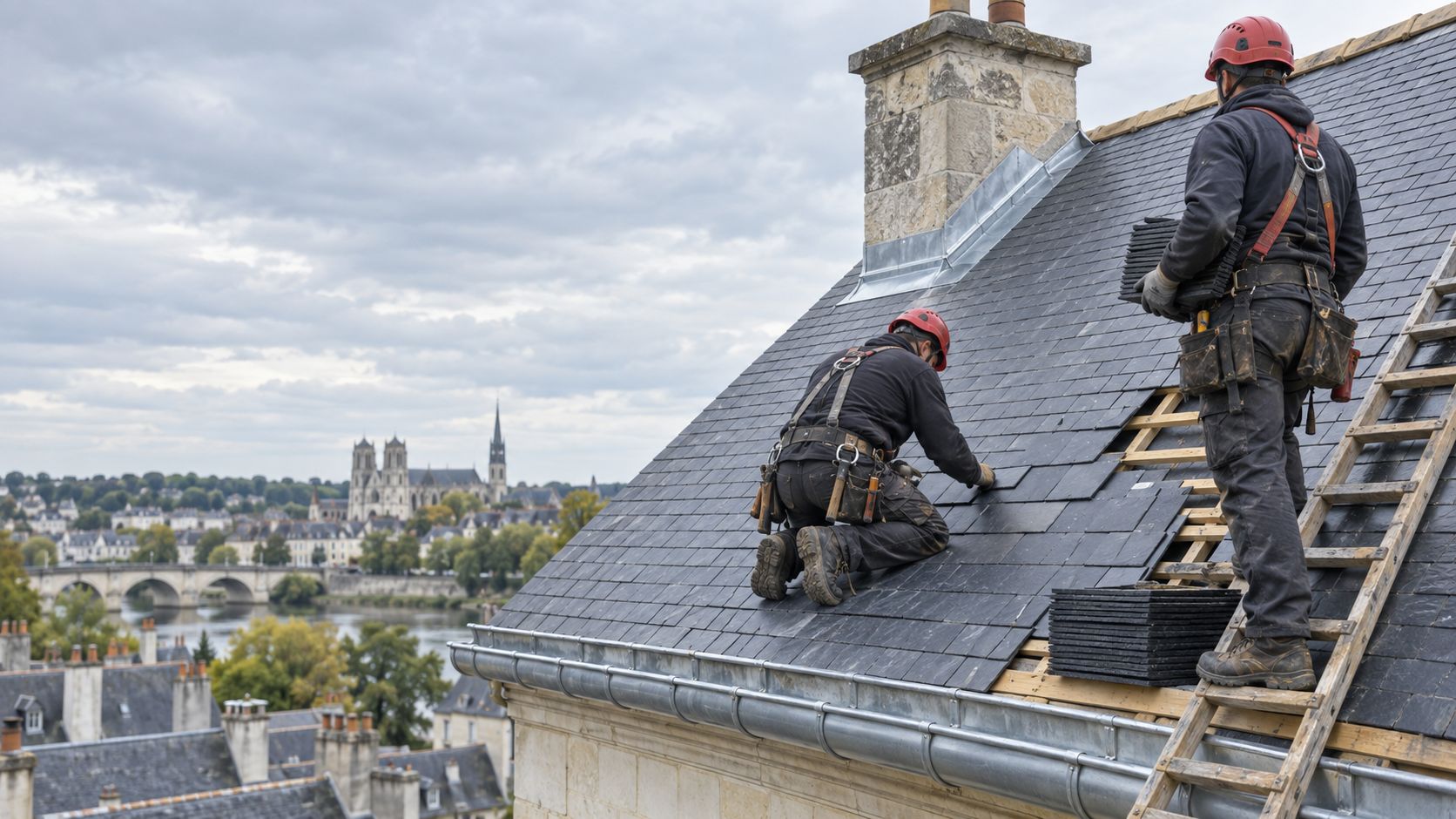 Couvreurs de JB Rénov en cours de réfection d'une toiture en ardoise à Tours