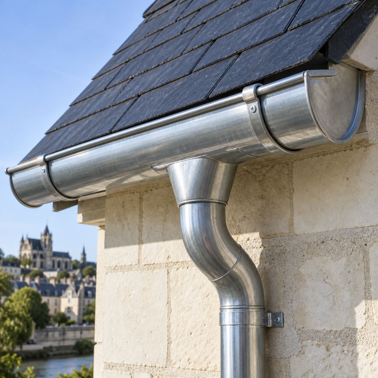 Gouttière en zinc neuve posée sur une maison à Tours